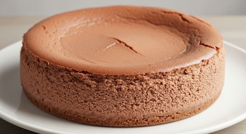Primer plano de una tarta de queso y chocolate con leche de color marrón claro, con superficie ligeramente agrietada y textura cremosa, servida en un plato blanco.