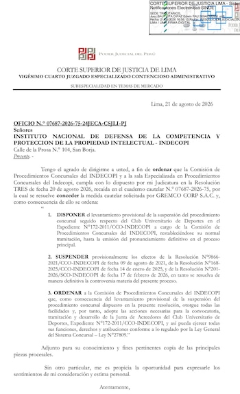 La resolución del juez Edwin Bautista Dipaz que le ha dado una cautelar a Gremco y levanta la suspensión del proceso concursal de Universitario. - créditos: Twitter