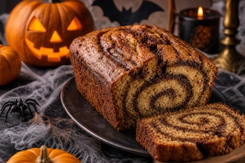 Pan de plátano con espiral de canela y una rebanada en un plato, rodeado de una calabaza iluminada, telarañas y una vela.