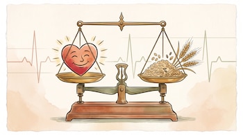 Balanza de bronce en equilibrio con una figura de corazón sonriente a la izquierda y granos de cereales con espigas de trigo a la derecha.