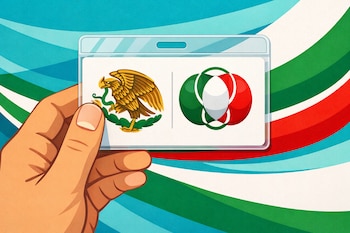 Ilustración de mano sosteniendo credencial con el águila del Gobierno de México y el logo de la Copa Mundial FIFA 2026. Fondo abstracto con líneas curvas en tonos verde, blanco, rojo y azul.