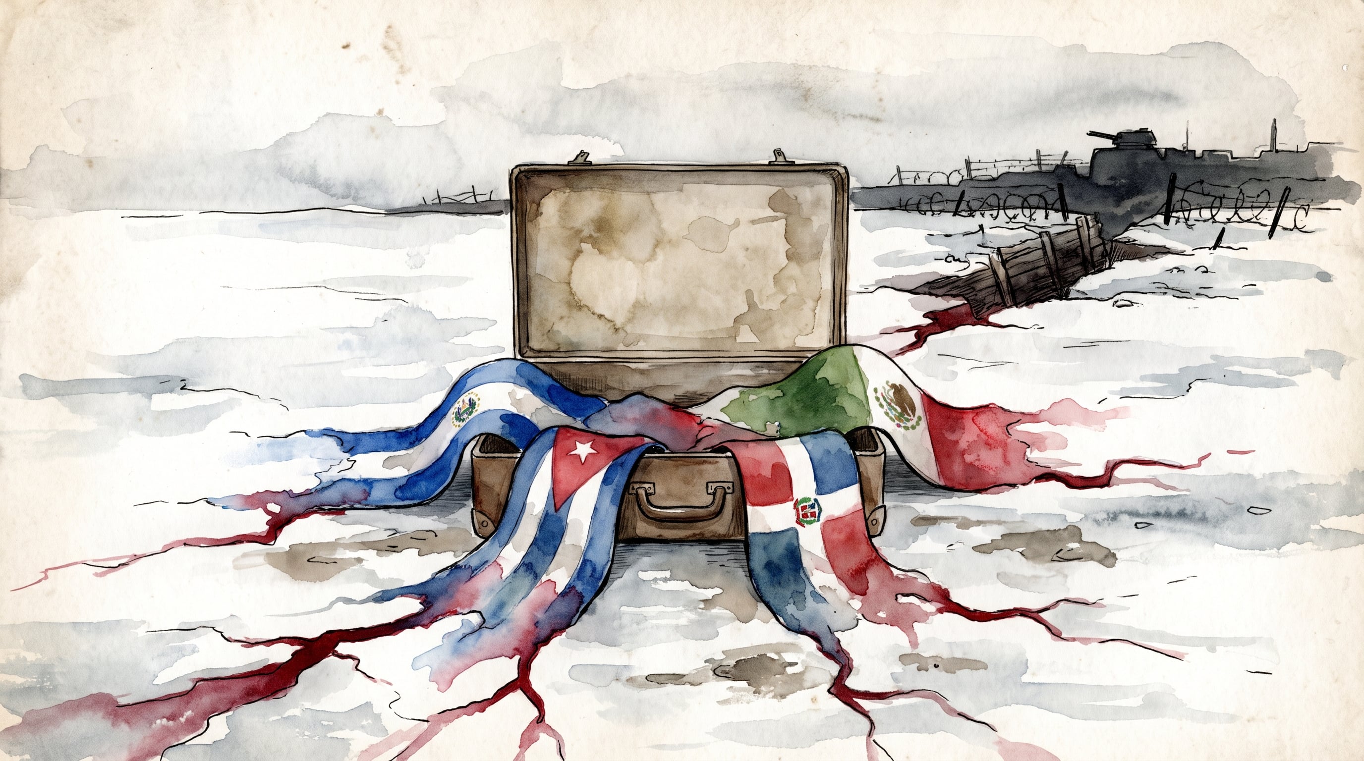 Una maleta abierta despliega banderas de países latinoamericanos sobre la nieve que se extiende hacia una trinchera con alambre de púas. (Imagen Ilustrativa Infobae)
