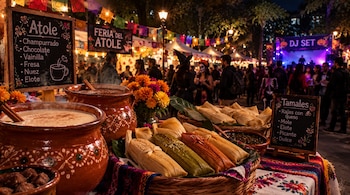 Ollas de barro con atole, cestas con tamales y pizarras con menús en una mesa decorada, con personas de fondo