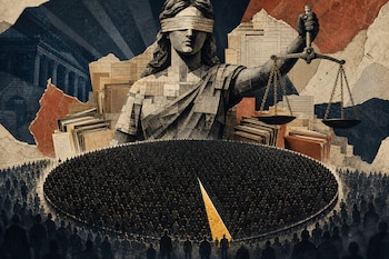 Estatua ciega de la justicia con balanza sobre montones de documentos y un gráfico circular de siluetas con un sector dorado.