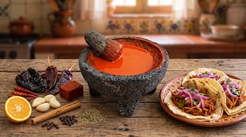 Molcajete con adobo rojo, especias, chiles secos, media naranja y un plato con tres tacos de carne deshebrada con cebolla morada.
