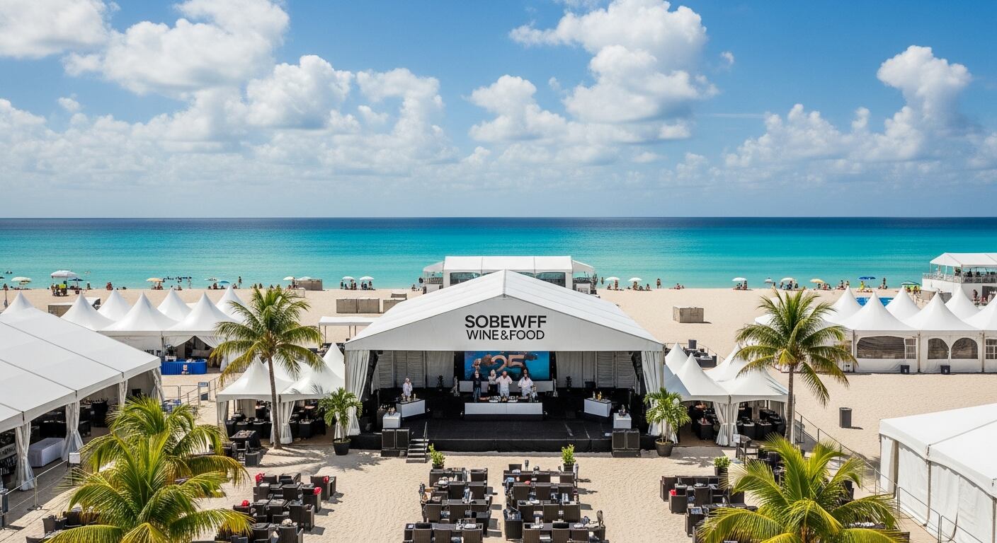 El Festival de Vino y Comida de South Beach (SOBEWFF) celebra su 25.º aniversario en Miami Beach, reuniendo experiencias culinarias globales y locales en sus icónicas carpas blancas frente al mar. (Imagen Ilustrativa Infobae)