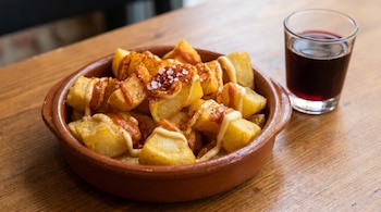 Plato de barro con papas fritas en dados, cubiertas con salsa blanca, roja, pimentón y sal. Un vaso de bebida oscura al lado sobre una mesa de madera.