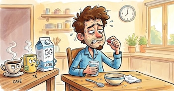 Ilustración: hombre en pijama, sudoroso, tomando una pastilla con agua en la cocina; un café, té y leche con caras tristes están en la mesa