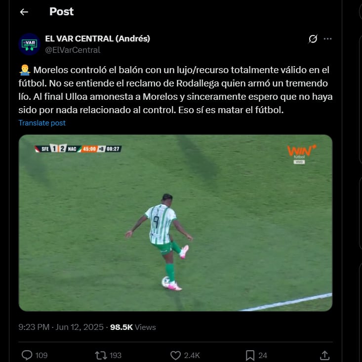 El futbolista realizó una jugada de lujo que molestó a Hugo Rodallega al finalizar el primer tiempo - crédito @ElVarCentral / X