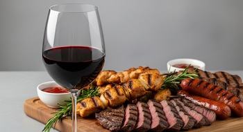 Copa de vino tinto junto a una tabla de madera con brochetas de pollo, bistec rebanado, salchichas a la parrilla, romero y salsas, sobre fondo gris.