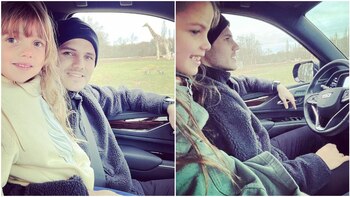 Icardi junto a sus hijas mientras iban de camino al safari