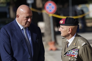 Defense Minister Guodo Crosetto and General Luciano Portolano, Italian Chief of the Defense Staff. Commemorative ceremony on the occasion of the 83rd anniversary of the Defense of Rome at Porta San Paolo and the Parco della Resistenza on September 8, Rome, September 8, 2026.
