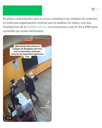 Captura de pantalla de una publicación en redes sociales. Muestra una desmentida de fraude electoral y un video donde personas manipulan cédulas en un salón