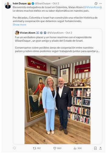 La embajadora de Israel en Colombia sostuvo una reunión con el expresidente Iván Duque, encuentro en el que, según la diplomática, se analizaron posibles áreas de cooperación entre los dos países - crédito @IvanDuque/X