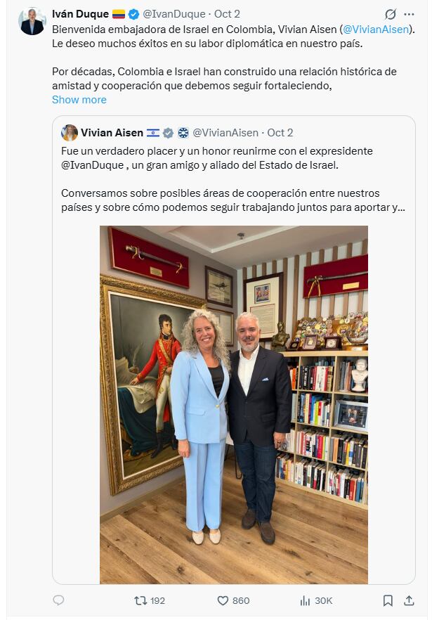 La embajadora de Israel en Colombia sostuvo una reunión con el expresidente Iván Duque, encuentro en el que, según la diplomática, se analizaron posibles áreas de cooperación entre los dos países - crédito @IvanDuque/X