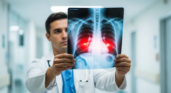 Un médico en bata blanca y estetoscopio sostiene una radiografía de tórax con los pulmones resaltados en rojo. El fondo es un pasillo de hospital desenfocado.