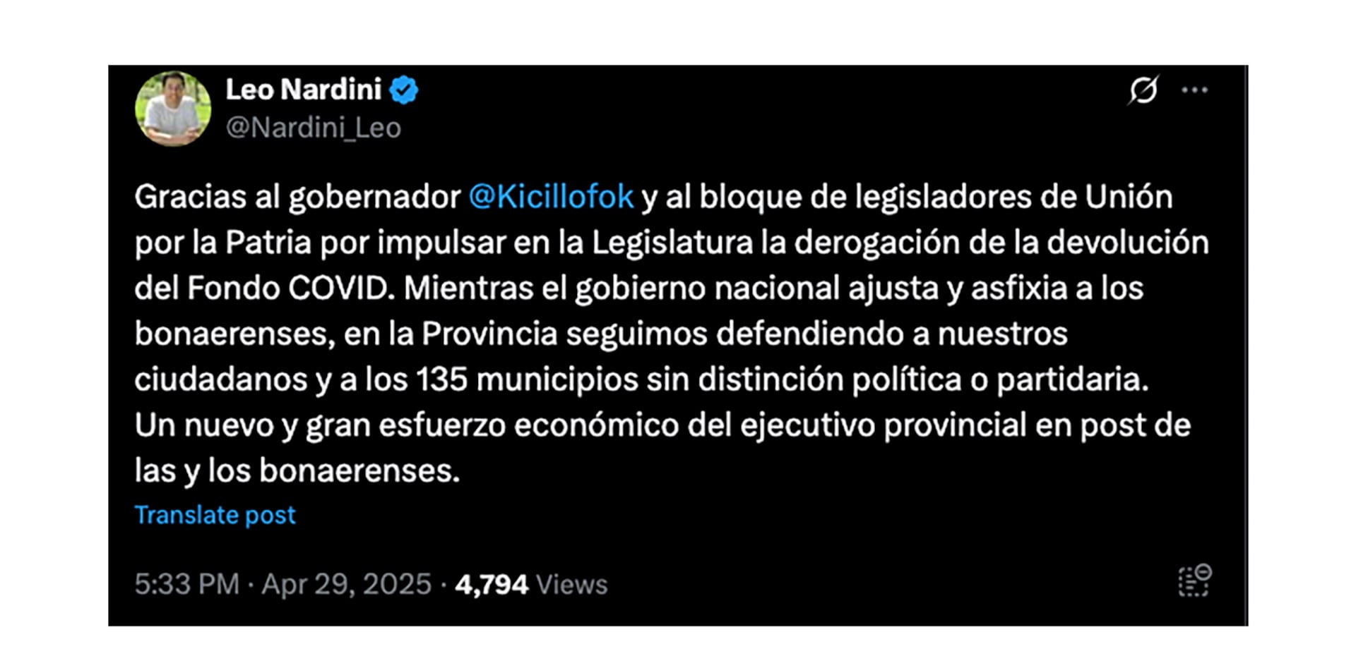 El posteo de Leonardo Nardini