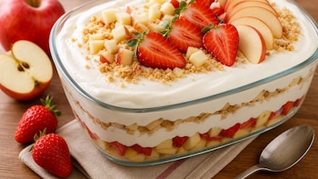 Postre de manzana, fresa y crema: la receta fácil y cremosa que conquista desde la primera cucharada
