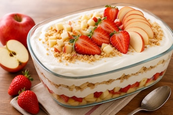 Fuente de vidrio con postre de capas de crema, fresa y manzana, junto a frutas enteras y una cuchara sobre una mesa de madera.