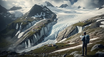 Un excursionista con mochila y tablet observa un paisaje montañoso con un glaciar parcialmente derretido, laderas verdes y comunidades junto a cascadas.