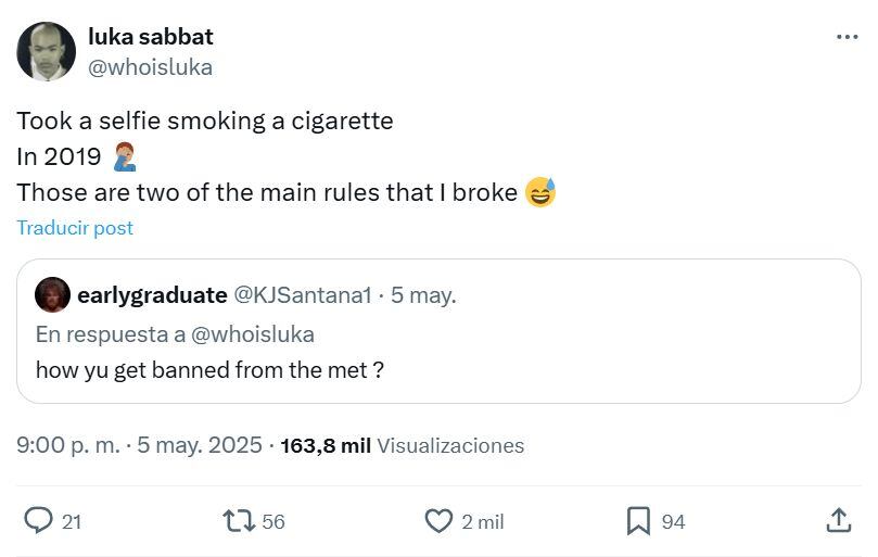 A través de sus redes sociales, explicó que está vetado del evento desde 2019 por tomarse una selfie mientras fumaba en el baño (X/@whoisluka)