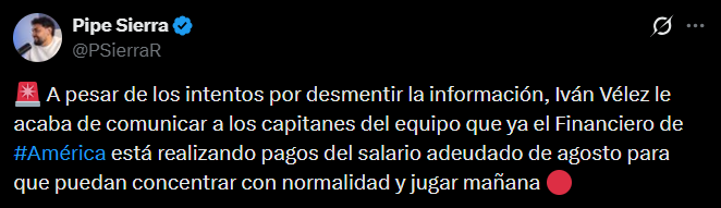 América sí empezaría a resolver lo del dinero pendiente a los jugadores, para evitar cualquier intento de huelga - crédito @PSierraR/X