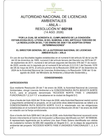 Resolución de la Anla que acredita el cumplimiento de una de las condiciones ambientales para avanzar con la ampliación de la autopista Norte en Bogotá - crédito Daniel Briceño/X