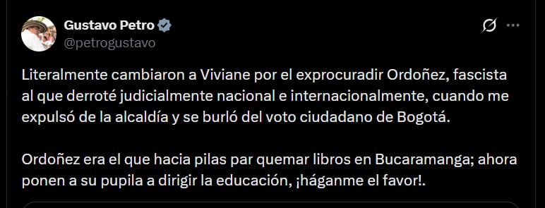 Gustavo Petro cuestionó el nombramiento de Ilva Myriam Hoyos como ministra de Educación, a quien calificó como pupila del exprocurador Ordóñez - crédito @petrogustavo/X
