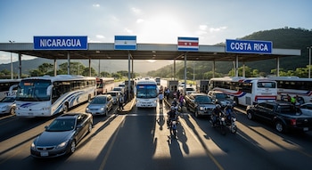 Puesto fronterizo con señales de Nicaragua y Costa Rica, banderas, autobuses, automóviles, motocicletas y personas en diversas vías.
