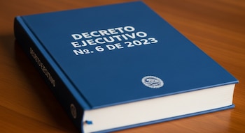Libro azul de tapa dura que muestra el título 'Decreto Ejecutivo No. 6 de 2023' y un emblema circular en la portada.