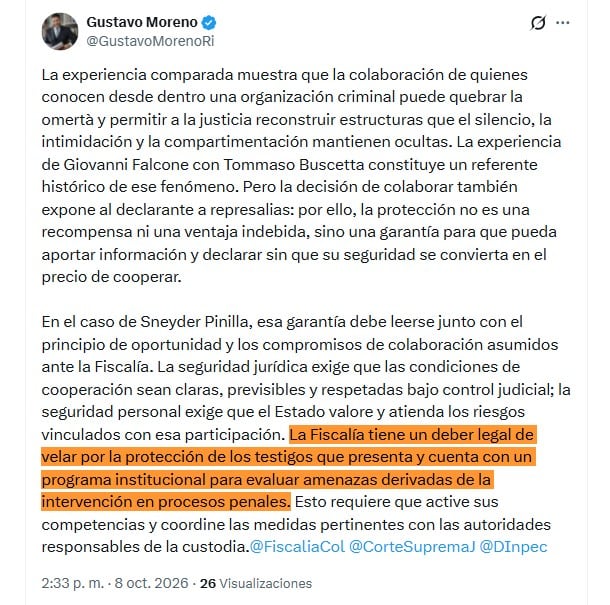 La defensa de Sneyder Pinilla puso sobre la mesa una preocupación sobre la seguridad de quienes deciden colaborar con la justicia - crédito @GustavoMorenoRi/X