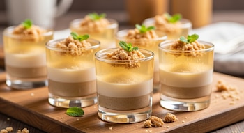 Siete mini gelatinas de mazapán en vasos pequeños, con capas de postre beige, crema blanca y gelatina dorada, adornadas con crumble y hojas de menta en una tabla de madera.