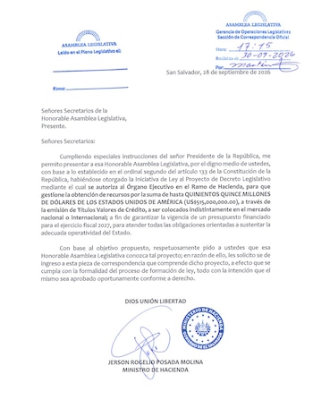 Gobierno solicita a la Asamblea emitir $515 millones en títulos valores para el Presupuesto 2027.