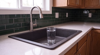Un vaso de agua transparente dentro de un fregadero negro. Un grifo de acero inoxidable, azulejos verdes, una ventana, encimera blanca y gabinetes de madera.