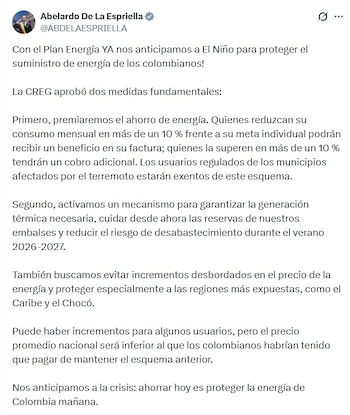 Abelardo de la Espriella, presidente de Colombia, anotó que se busca evitar incrementos desbordados en el precio de la energía - crédito @abdelaespriella/X