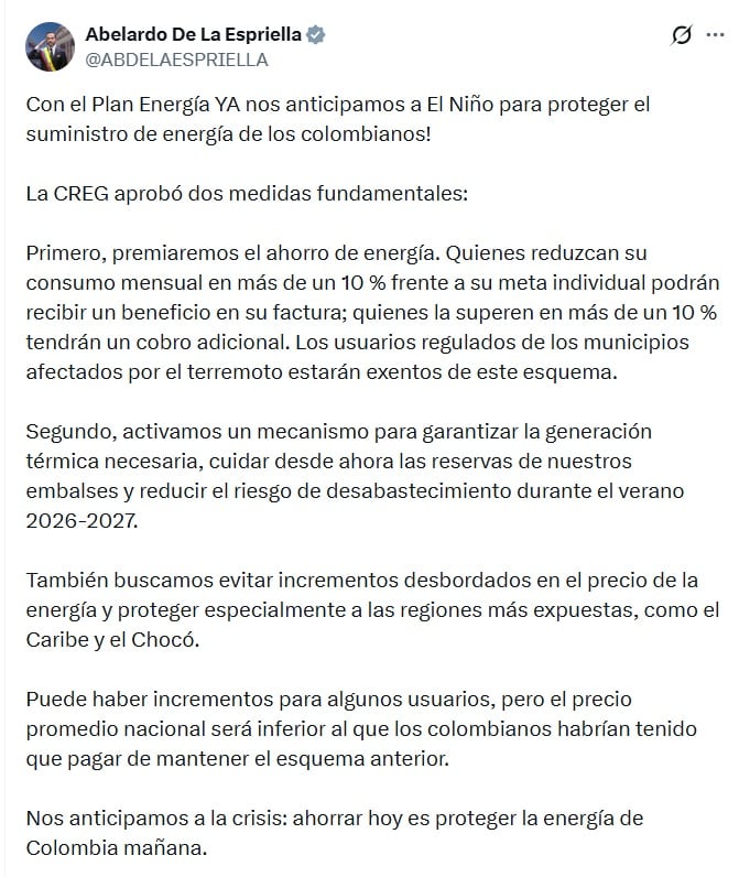Abelardo de la Espriella, presidente de Colombia, anotó que se busca evitar incrementos desbordados en el precio de la energía - crédito @abdelaespriella/X