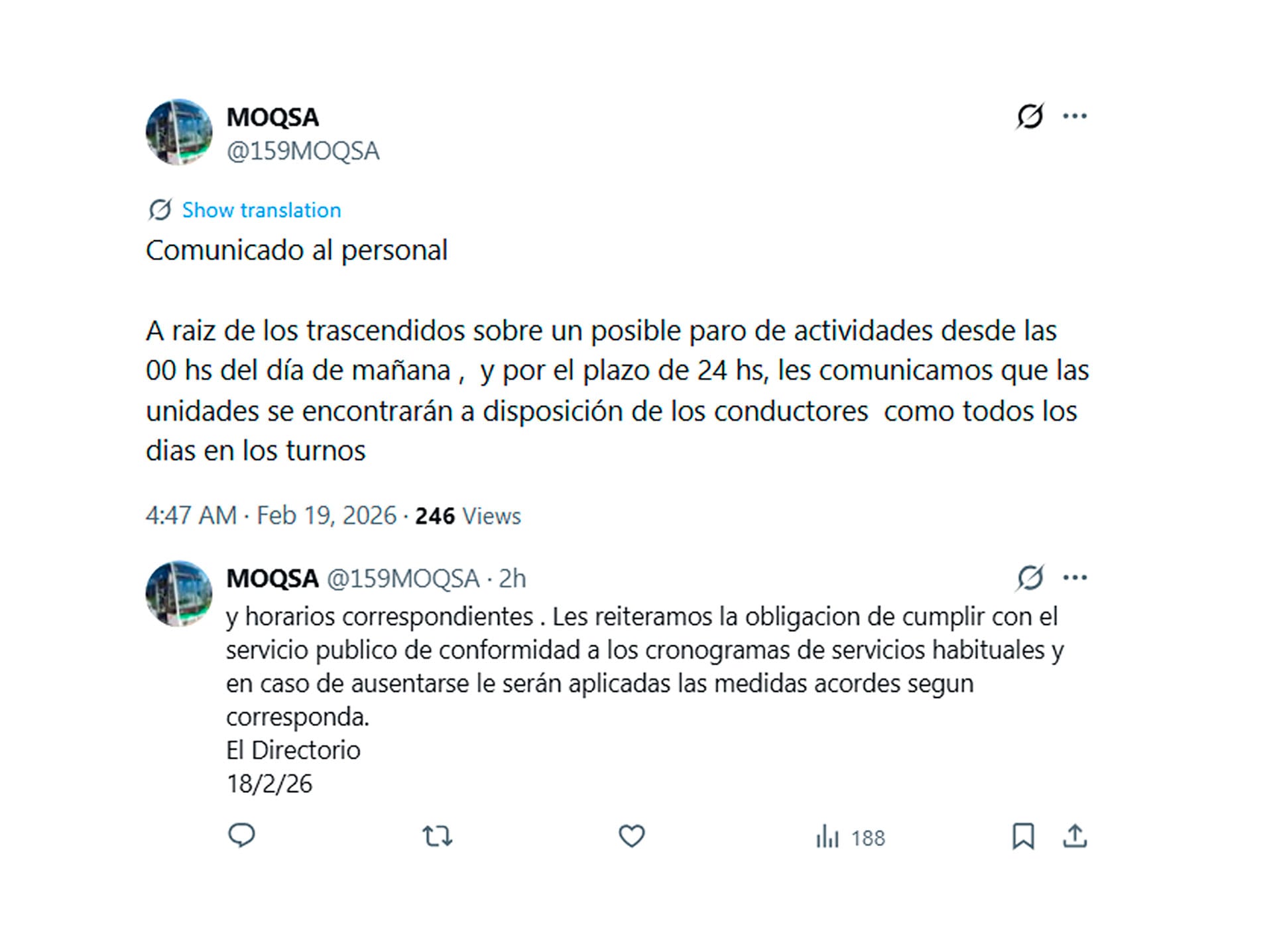 Lo informado por la empresa MOQSA que opera las líneas 159, 219, 300, 372, 584, 603 y 619