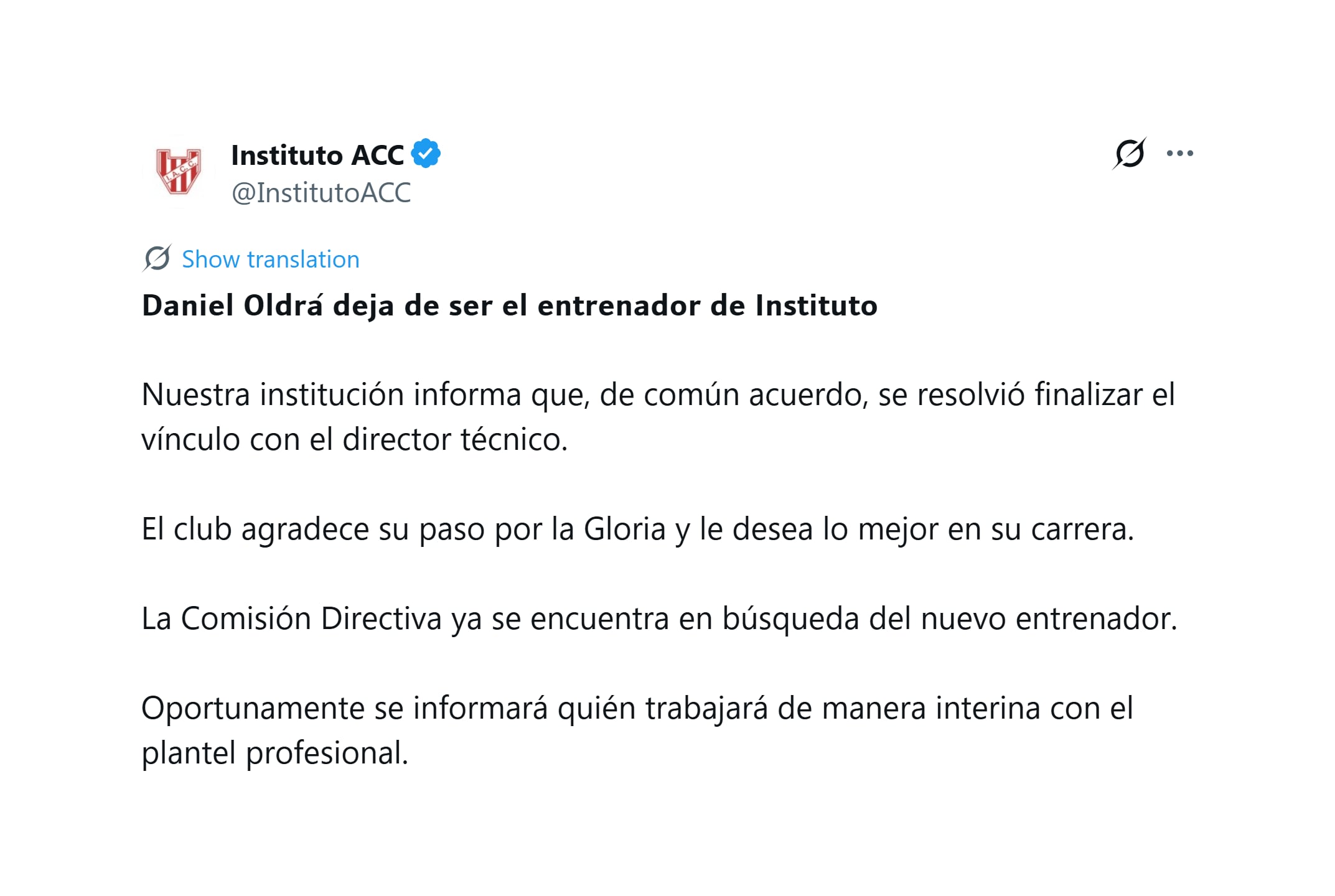 El comunicado de Instituto informando la salida de Daniel Oldrá