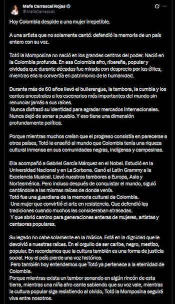 Mafe Carrascal - crédito @MafeCarrascal/X