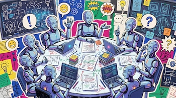 Ilustración de ocho robots humanoides azules y grises sentados alrededor de una mesa circular con laptops y papeles, con pizarras llenas de diagramas y ecuaciones de fondo.