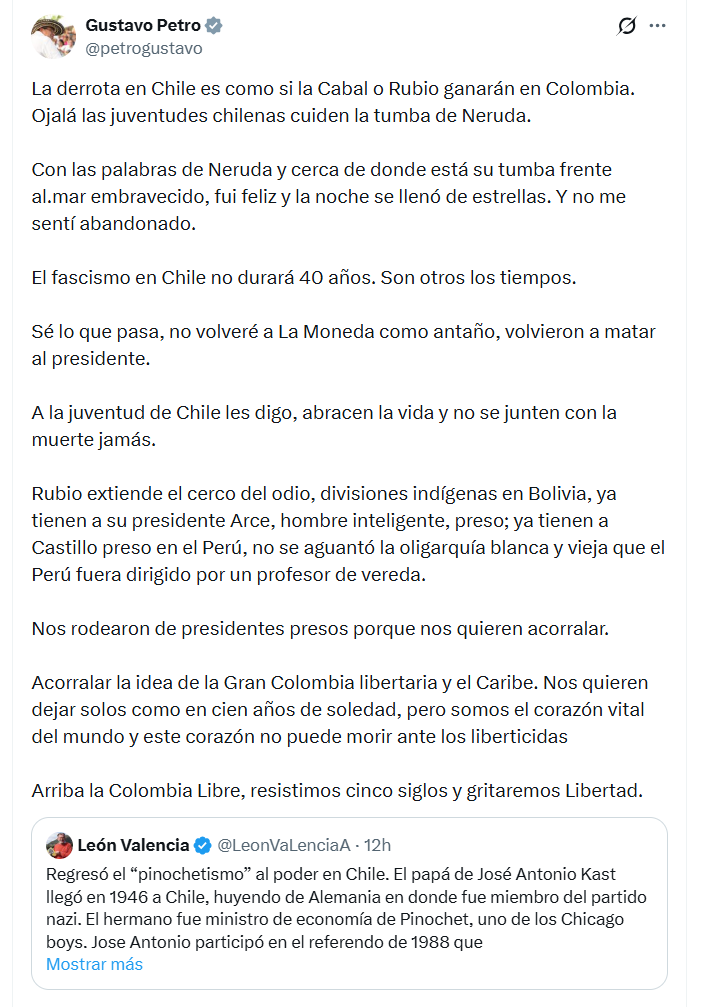 El presidente establece un paralelismo entre la derrota electoral en Chile y un posible giro político en Colombia - crédito @petrogustavo/X