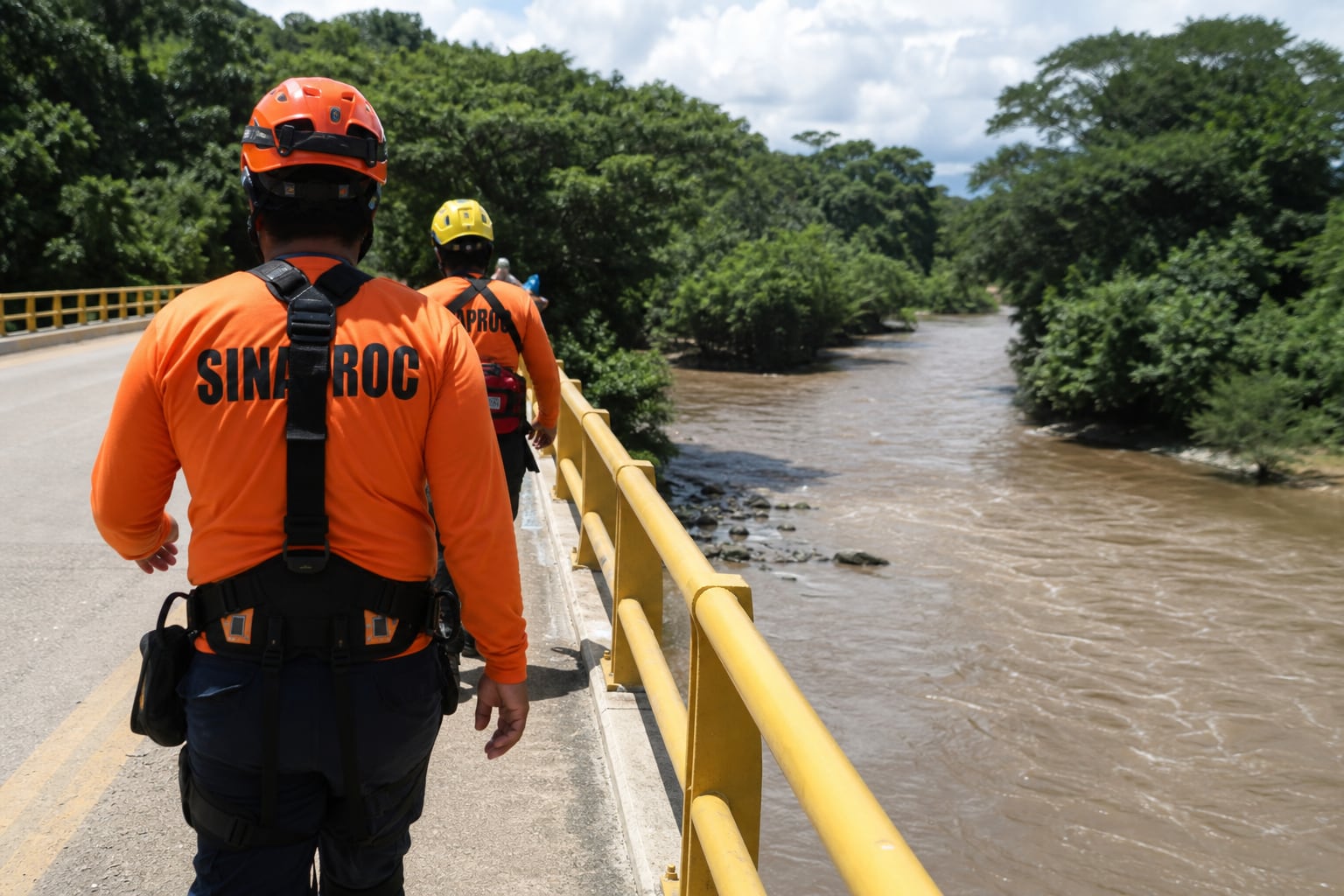 Integrantes del Sinaproc recorren un puente sobre el río para localizar a un adolescente desaparecido en el afluente. (Imagen Ilustrativa Infobae)