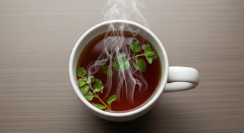 Una taza blanca llena de té oscuro con hojas de orégano frescas y vapor blanco sobre una mesa de madera vista desde arriba.
