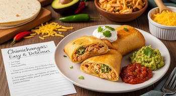 Dos chimichangas fritas, una abierta mostrando el relleno de pollo, queso y jalapeños. Servidas con guacamole, salsa y crema agria en un plato blanco.