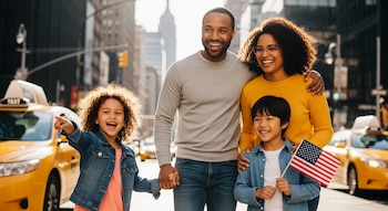Familia diversa y sonriente (dos adultos, dos niños) posa en una calle soleada de Nueva York. Una niña señala, un niño sostiene una bandera de EE. UU. Taxis amarillos detrás.