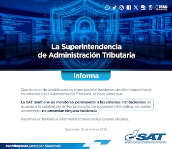 Comunicado de la SAT con fondo azul de ciberseguridad: un escudo, un candado y pantallas de monitoreo. Informa sobre la seguridad de sus sistemas