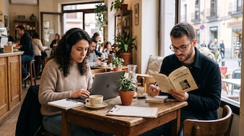 Una mujer con auriculares frente a una computadora y un hombre con gafas que lee un libro en la mesa de una cafetería.