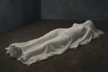 Maniquí con silueta femenina acostado en el piso de una habitación oscura, cubierto completamente por una sábana blanca.