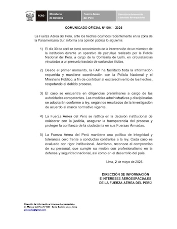 Documento oficial de la Fuerza Aérea del Perú con texto en español sobre un comunicado, con el escudo del Perú y logotipos del Ministerio de Defensa