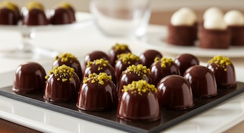 Dieciocho bombones de chocolate oscuro y brillante, de forma semiesférica, se muestran en una bandeja. Algunos están decorados con pistacho picado.